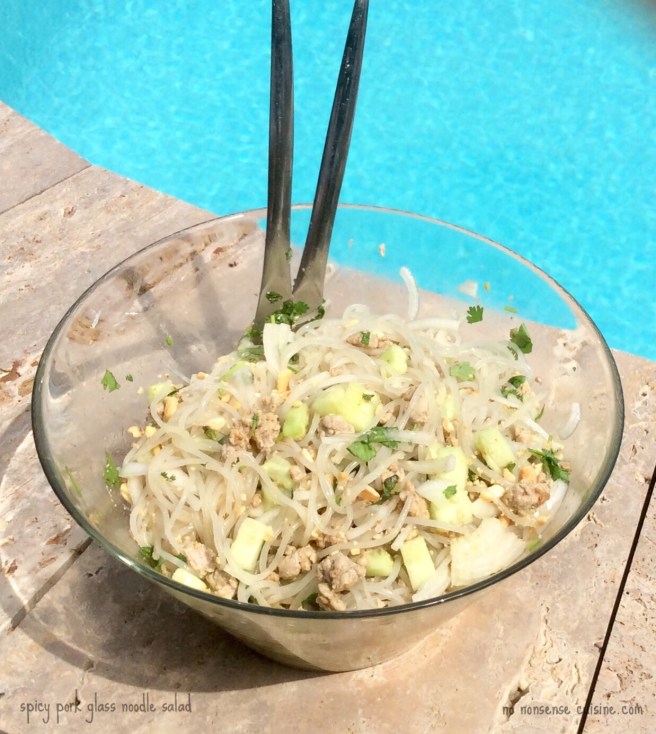 spicy pork glass noodle salad. Heavenly!!! with text